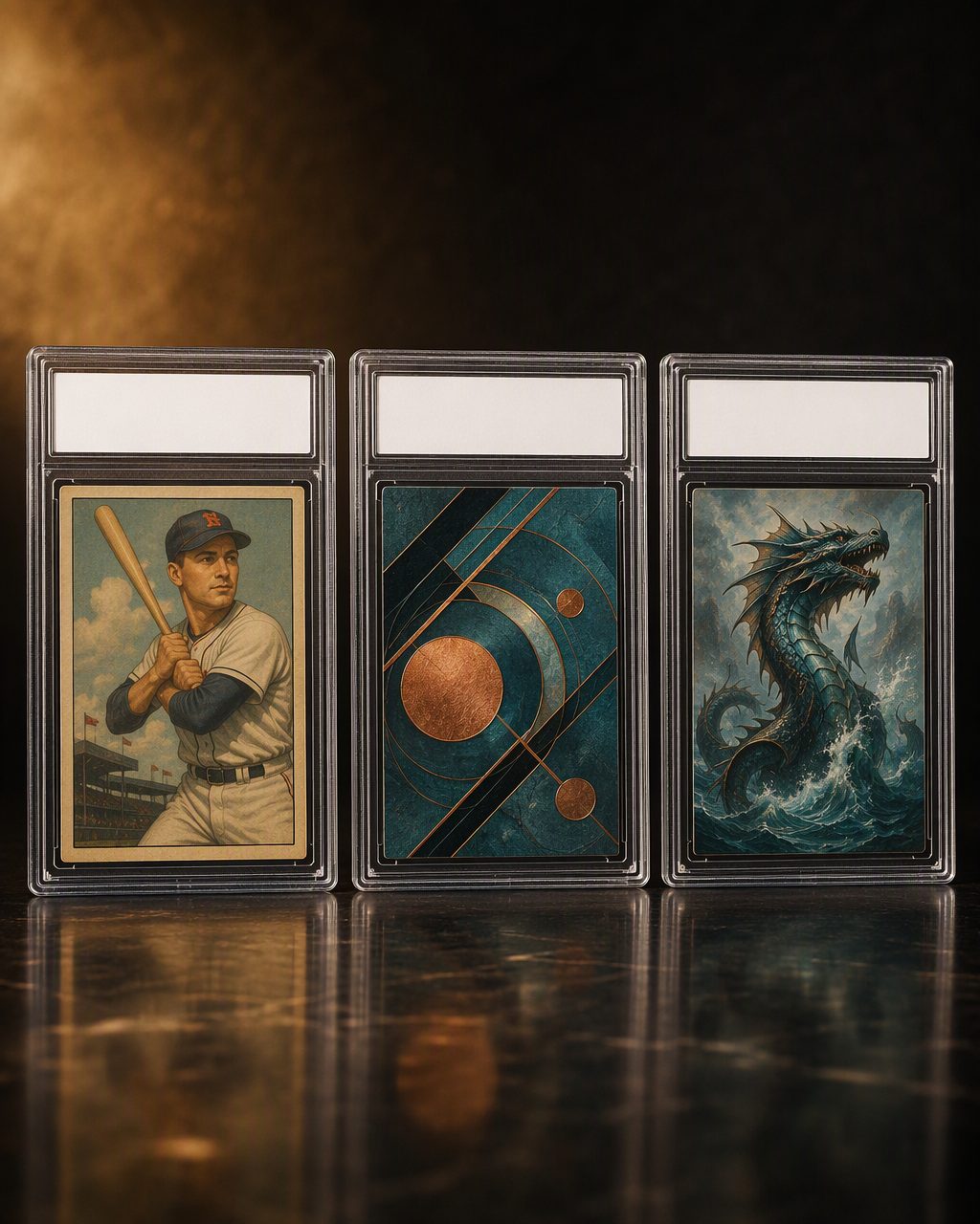 Illustrative still life of trading cards sealed in grading slabs with blank labels