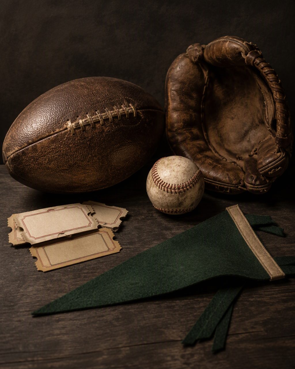 Illustrative still life of a leather football, baseball, glove, ticket stubs and pennant