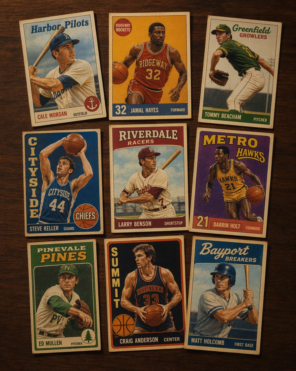 Illustrative still life of vintage-style baseball and basketball trading cards