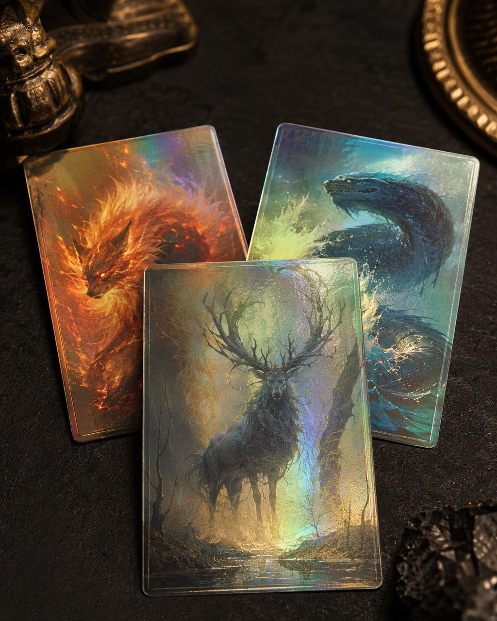 Illustrative still life of fantasy trading cards with holographic foil